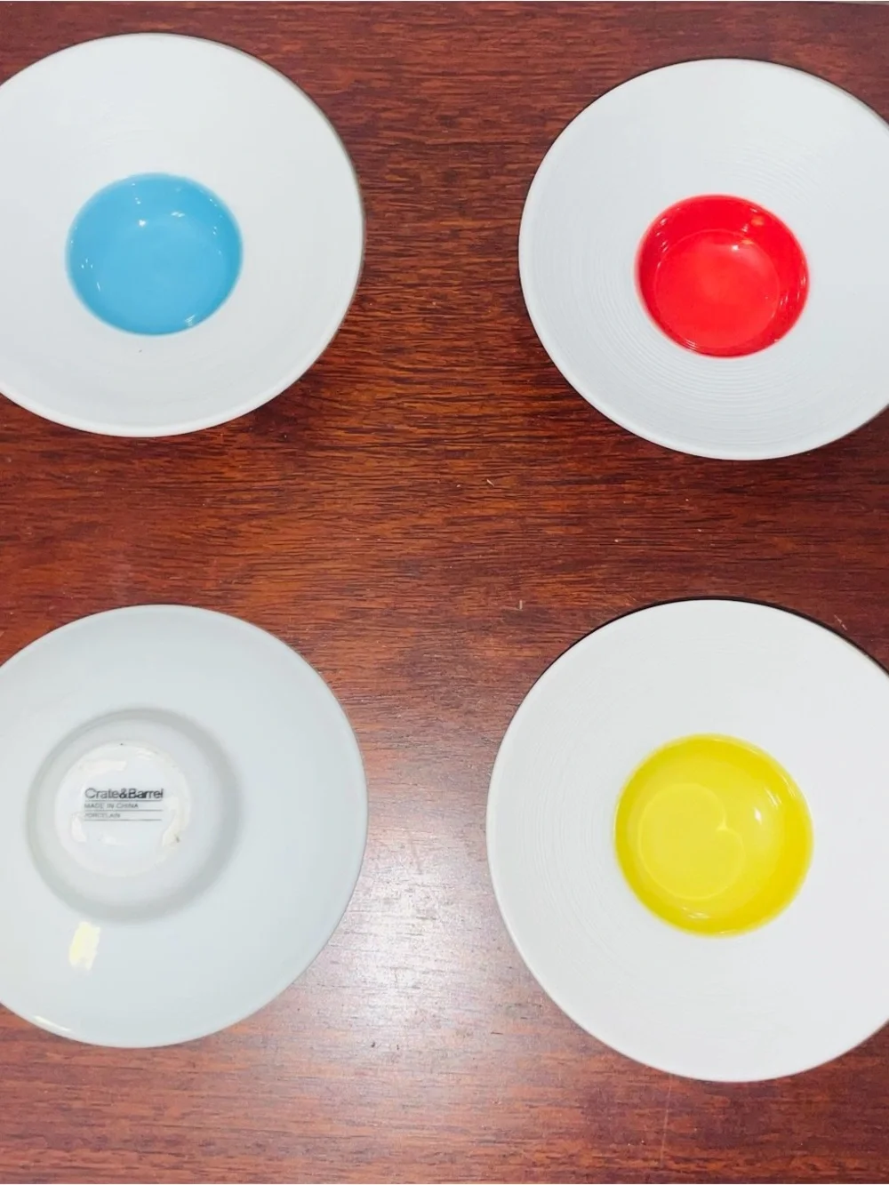 Crate & Barrel-set of. Four porcelain dot dishes-dip condiments bowls